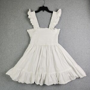 Thread Story Mini Dress Womens L White Cotton Boho Smocked Ruffle Strap Tiered